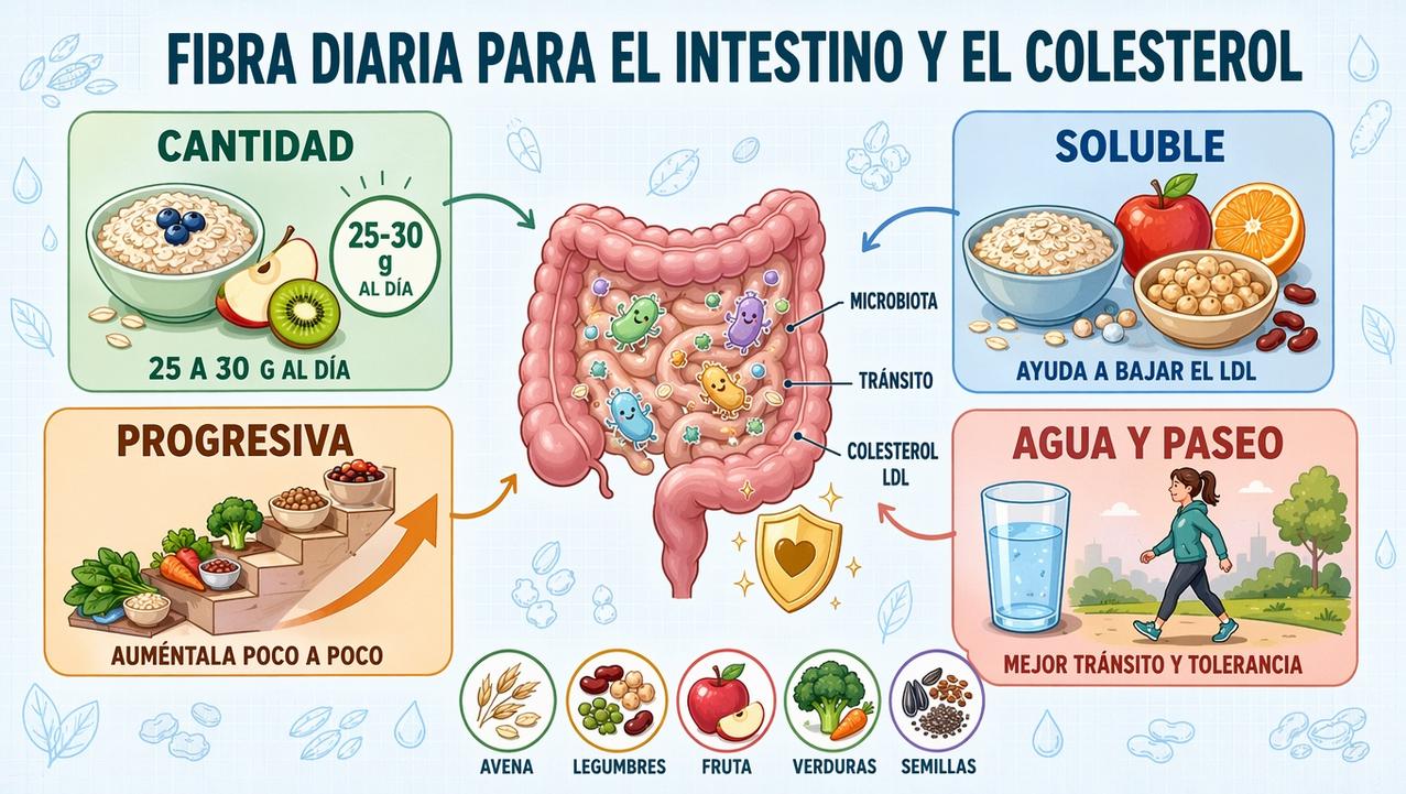 Cantidad, fibra soluble, progresión y agua: claves para cuidar el intestino.