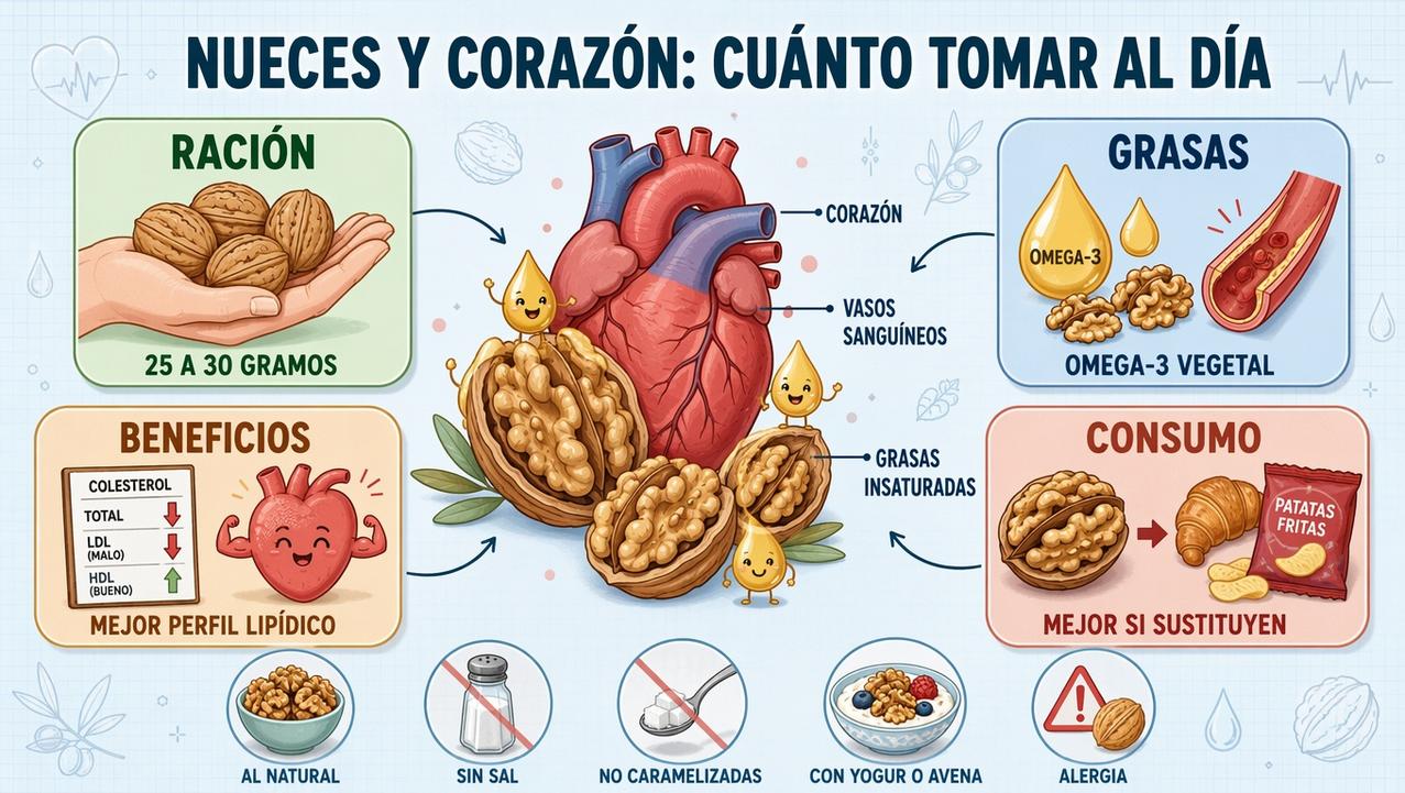 Ración, grasas saludables, beneficios lipídicos y consumo inteligente de nueces.