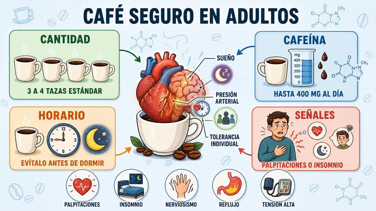 Cantidad, cafeína, horario y síntomas guían un consumo seguro de café.