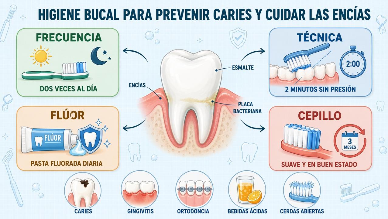 Frecuencia, técnica, flúor y cepillo adecuado sostienen una buena higiene bucal.