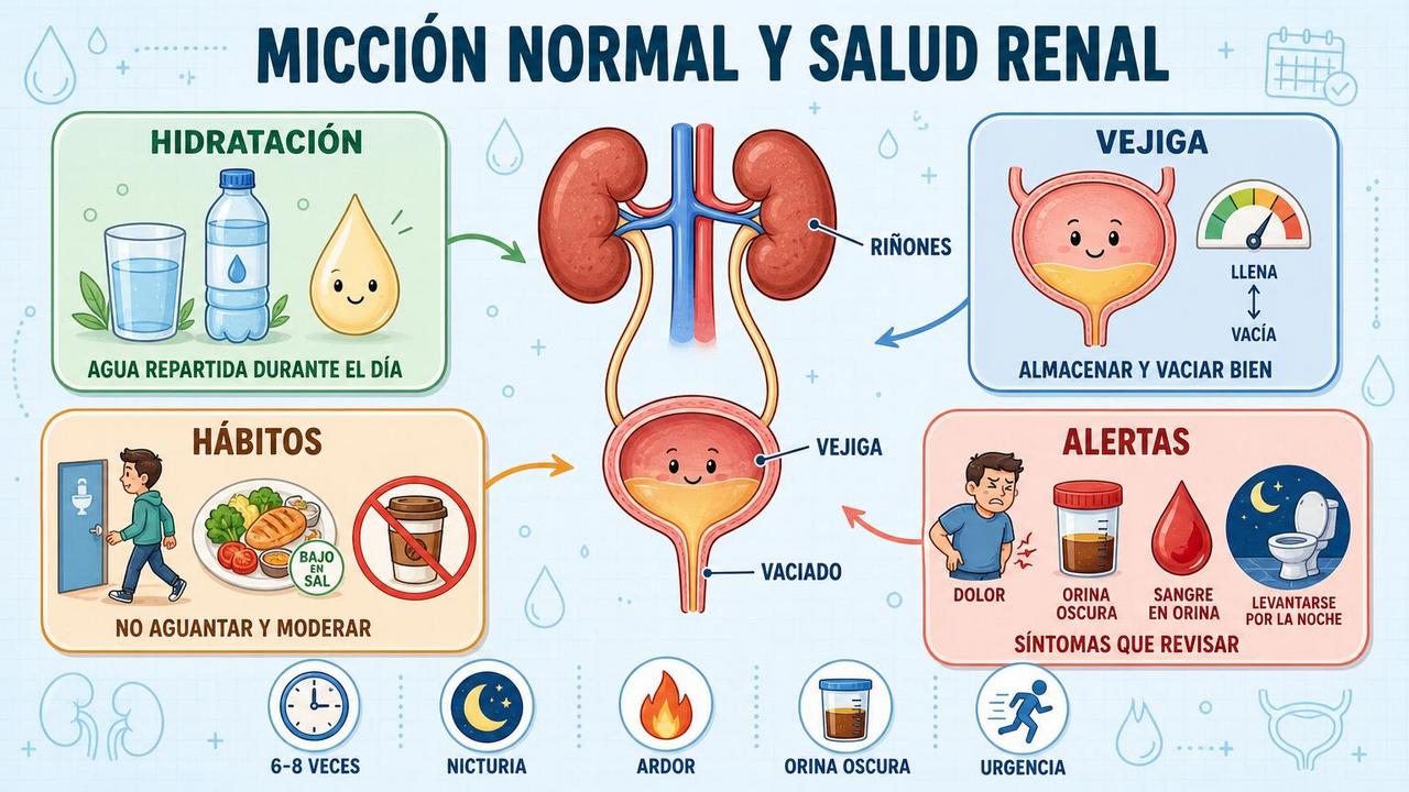 Hidratación, vejiga, hábitos y alertas clave para una micción saludable.