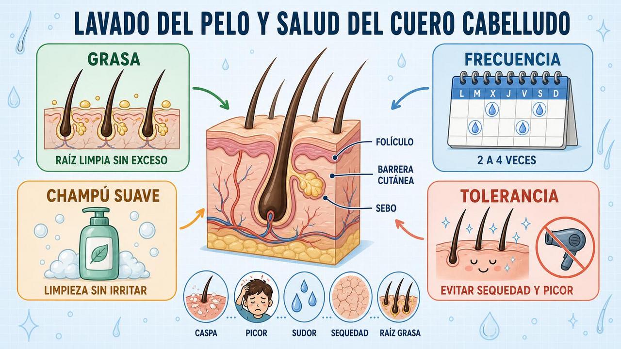 Grasa, frecuencia, champú suave y tolerancia guían una rutina equilibrada.