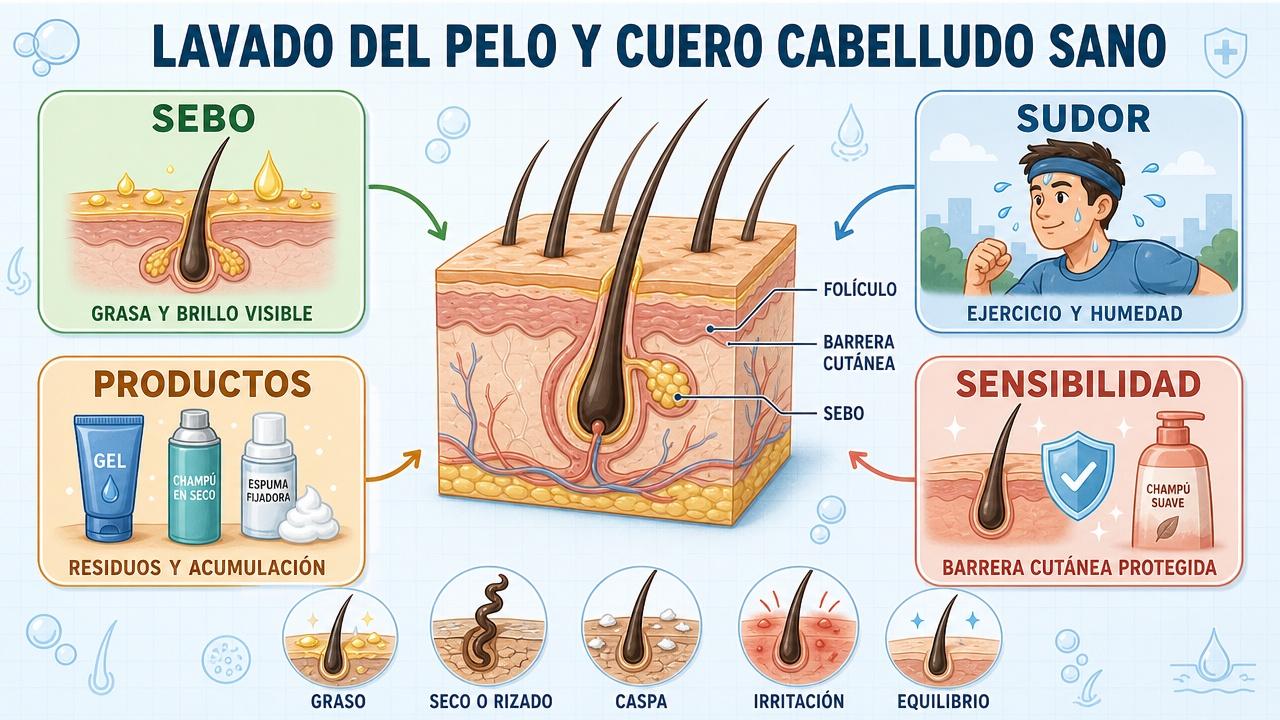 Sebo, sudor, productos y sensibilidad guían una higiene capilar equilibrada.