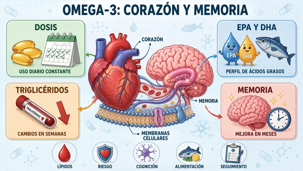 Dosis, EPA-DHA, triglicéridos y memoria marcan el tiempo de respuesta.