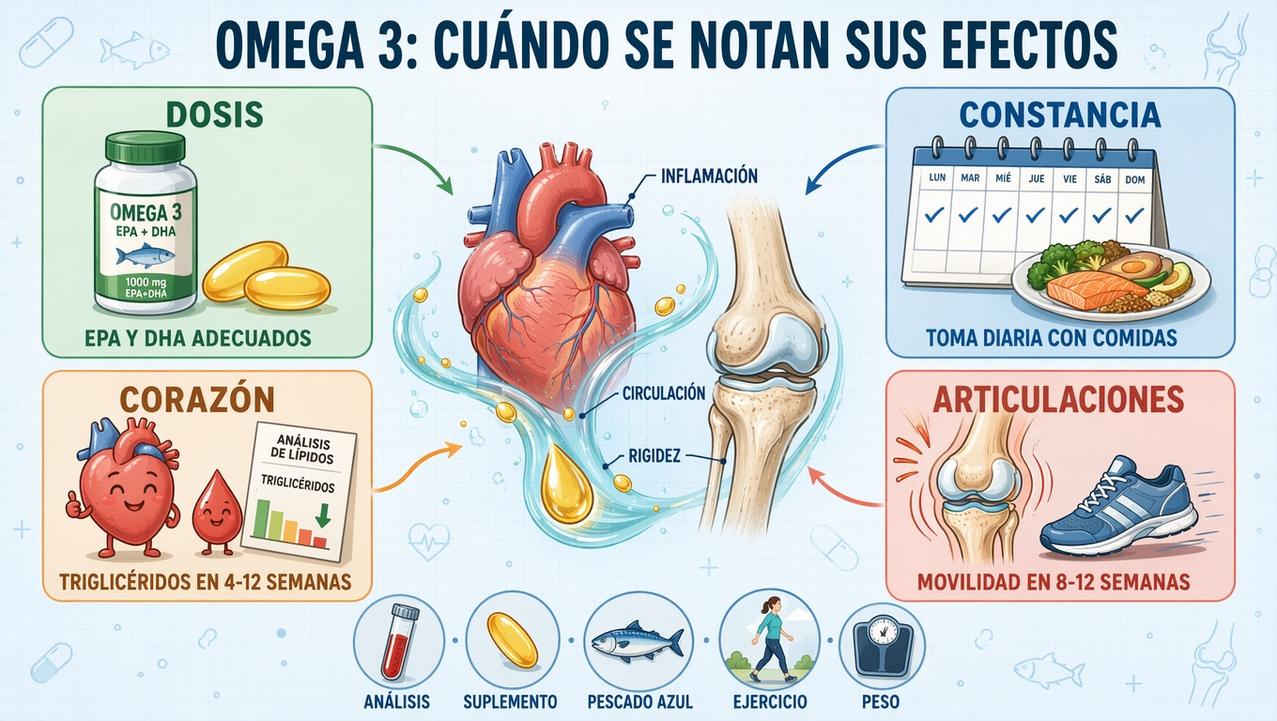 Dosis, constancia, corazón y articulaciones resumen cuándo puede notarse el omega 3.
