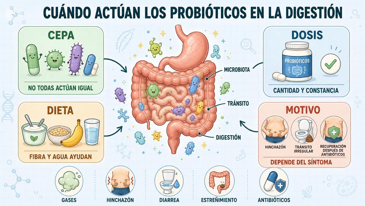 Cepa, dosis, dieta y motivo de uso marcan la respuesta intestinal.
