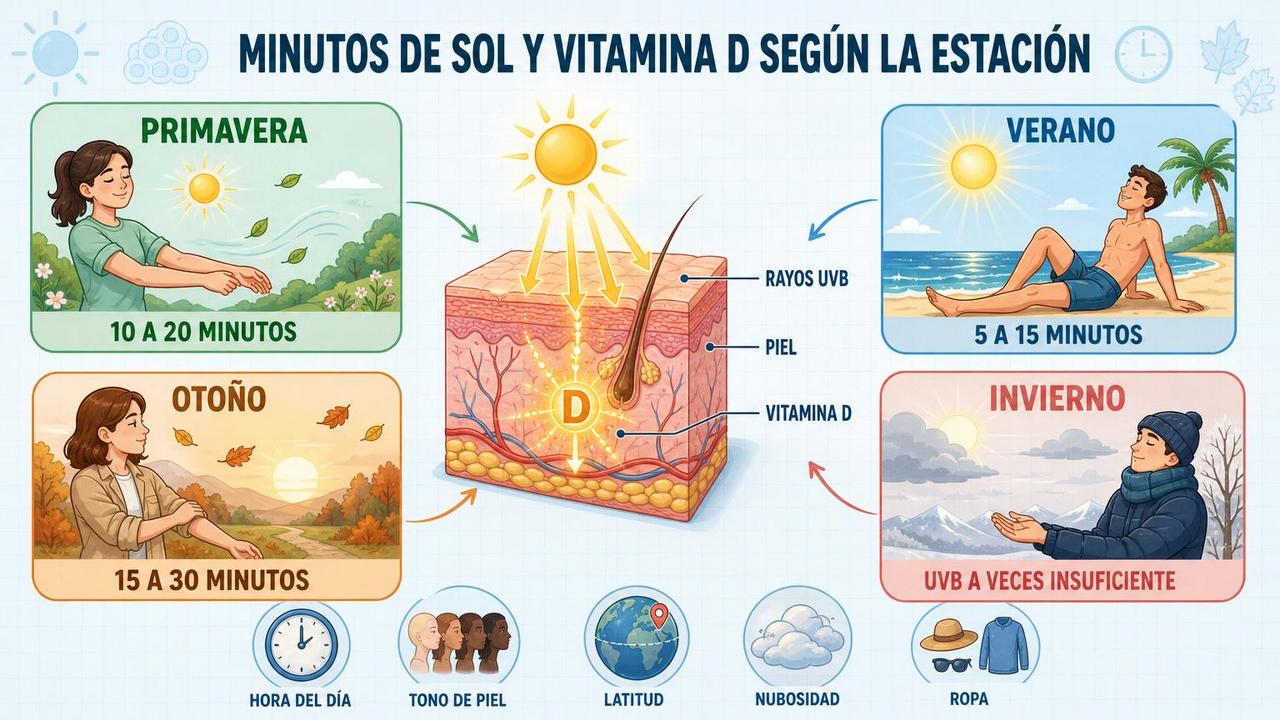 Primavera, verano, otoño e invierno modifican la síntesis cutánea de vitamina D.