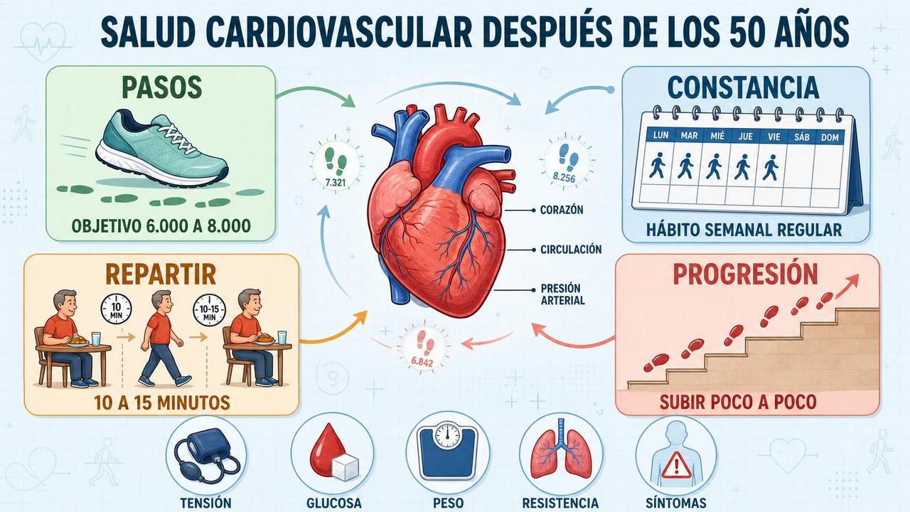 Pasos, constancia, reparto y progresión sostienen la salud cardiovascular después de los 50.