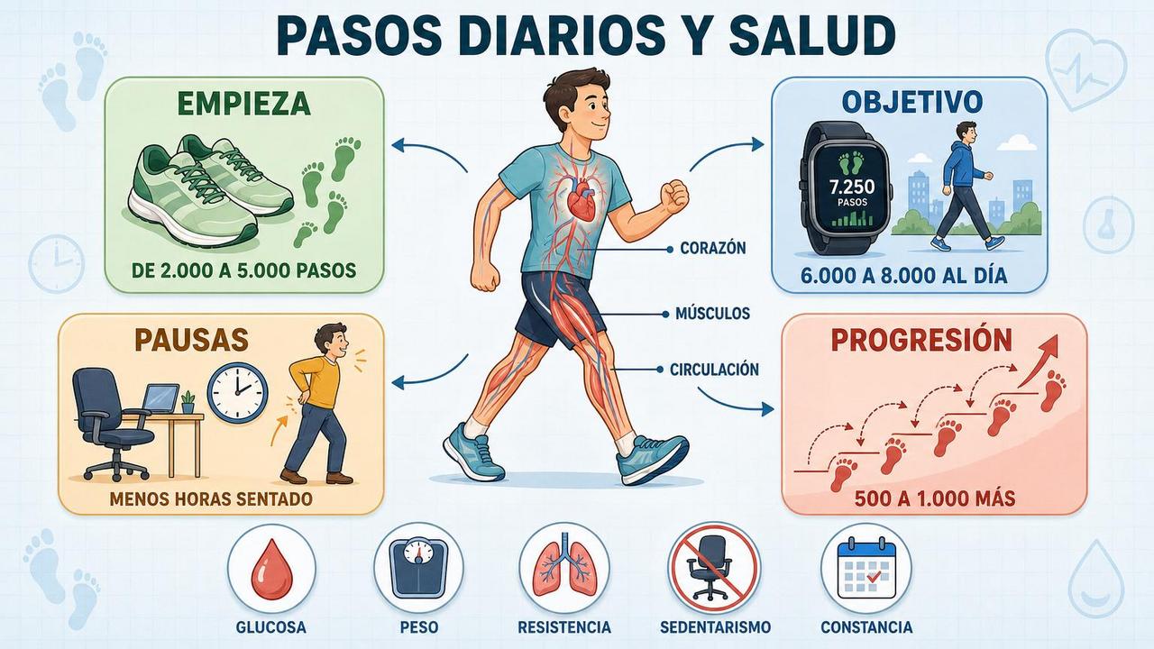 Cuatro claves para aumentar pasos diarios con beneficios cardiovasculares y metabólicos.