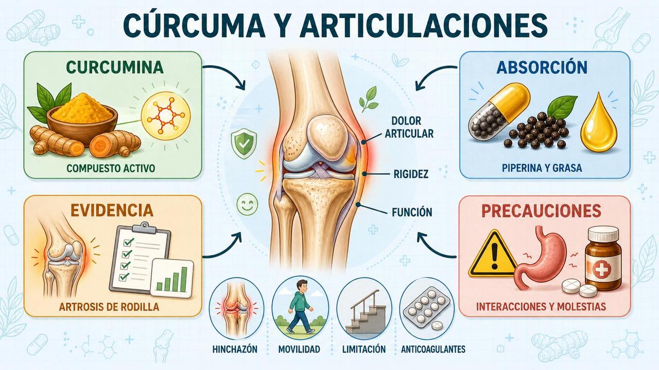 Curcumina, absorción, evidencia y precauciones: claves sobre cúrcuma y articulaciones.