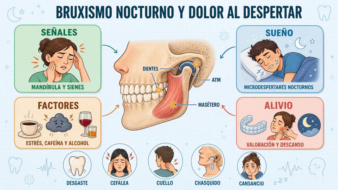 Señales, factores, sueño y alivio del bruxismo nocturno resumidos visualmente.