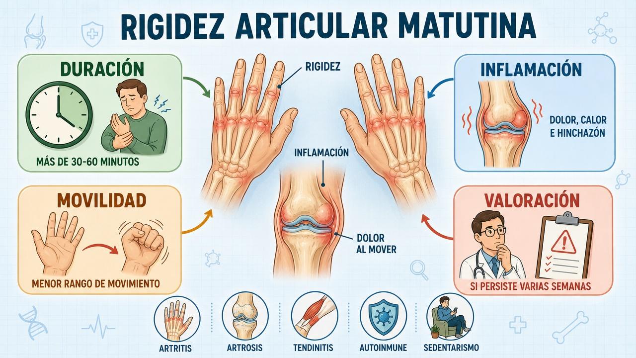 Duración, inflamación, movilidad y valoración médica orientan la rigidez matutina.