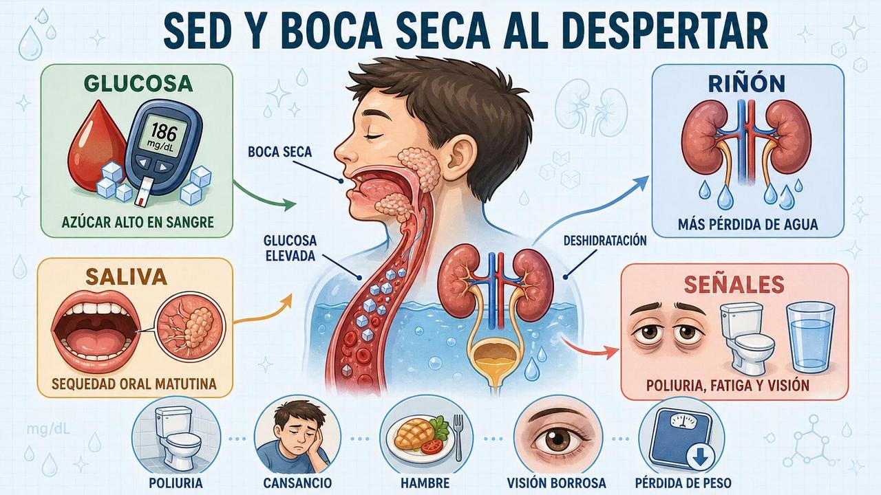Glucosa, riñón, saliva y síntomas clave explican la sed matutina.