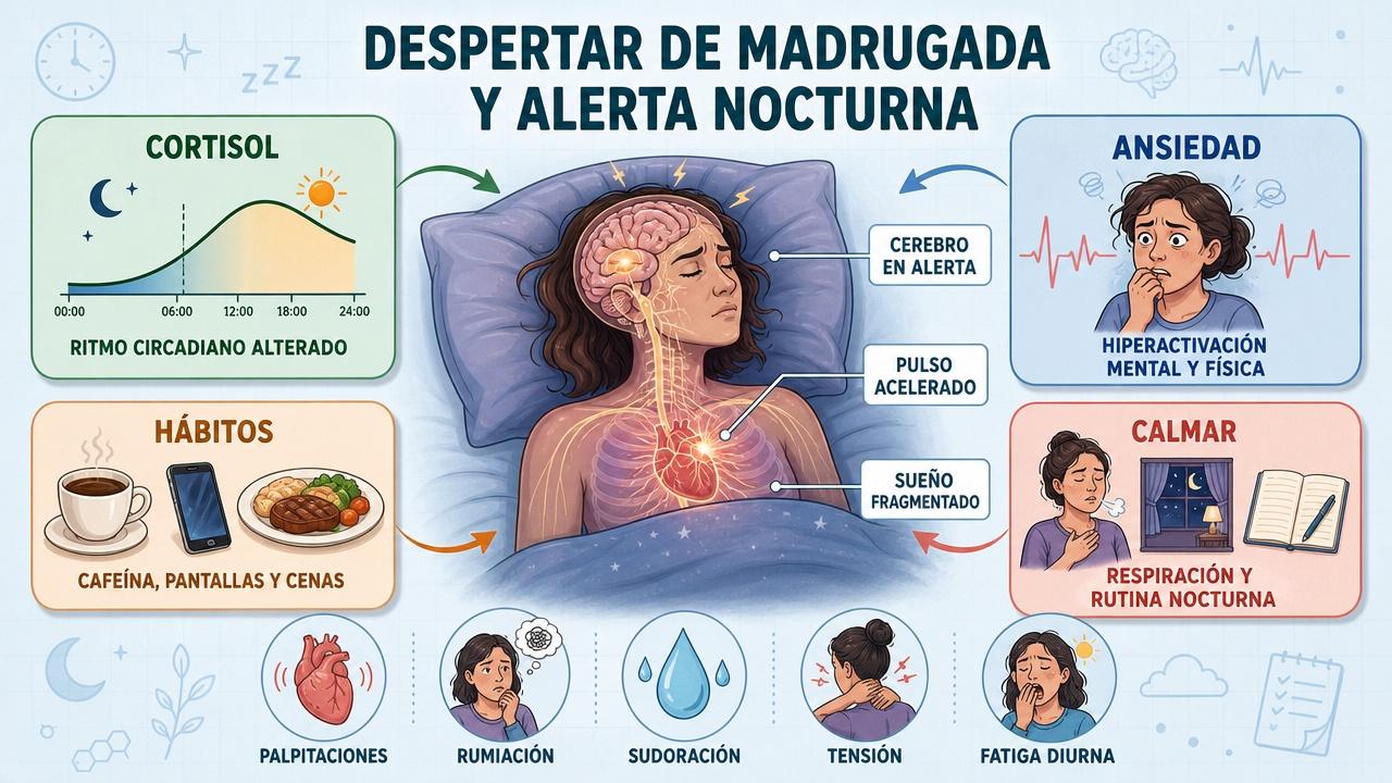 Cortisol, ansiedad, hábitos y regulación nerviosa explican muchos despertares nocturnos.