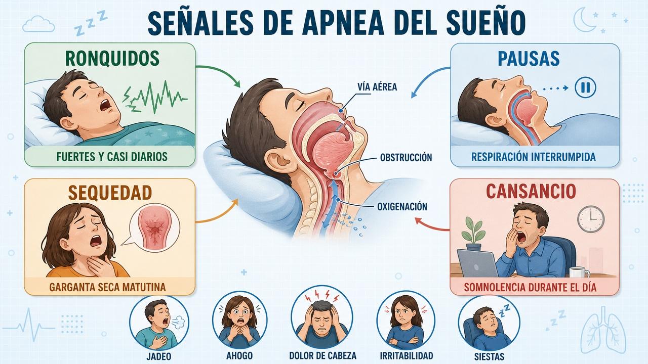 Cuatro señales clave de apnea: ronquidos, pausas, sequedad y cansancio diurno.