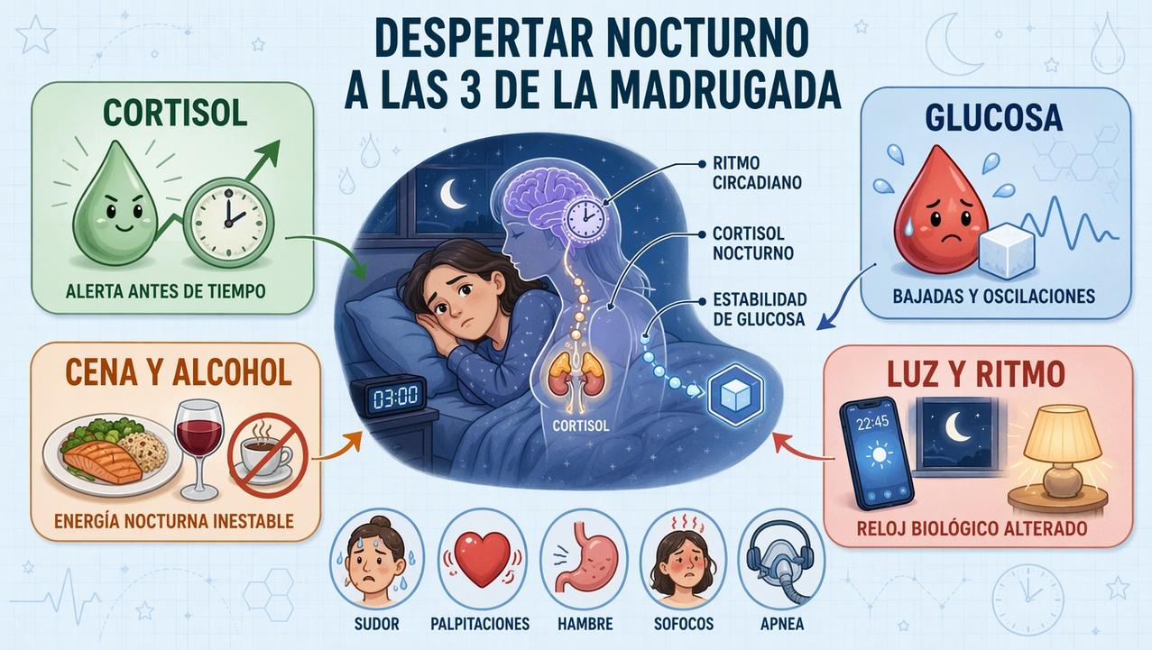 Cortisol, glucosa, cena y luz: cuatro claves del despertar nocturno.