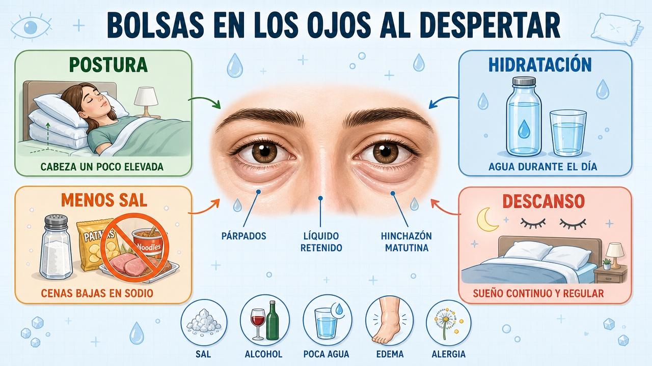 Postura, hidratación, sal y descanso influyen en la hinchazón palpebral.