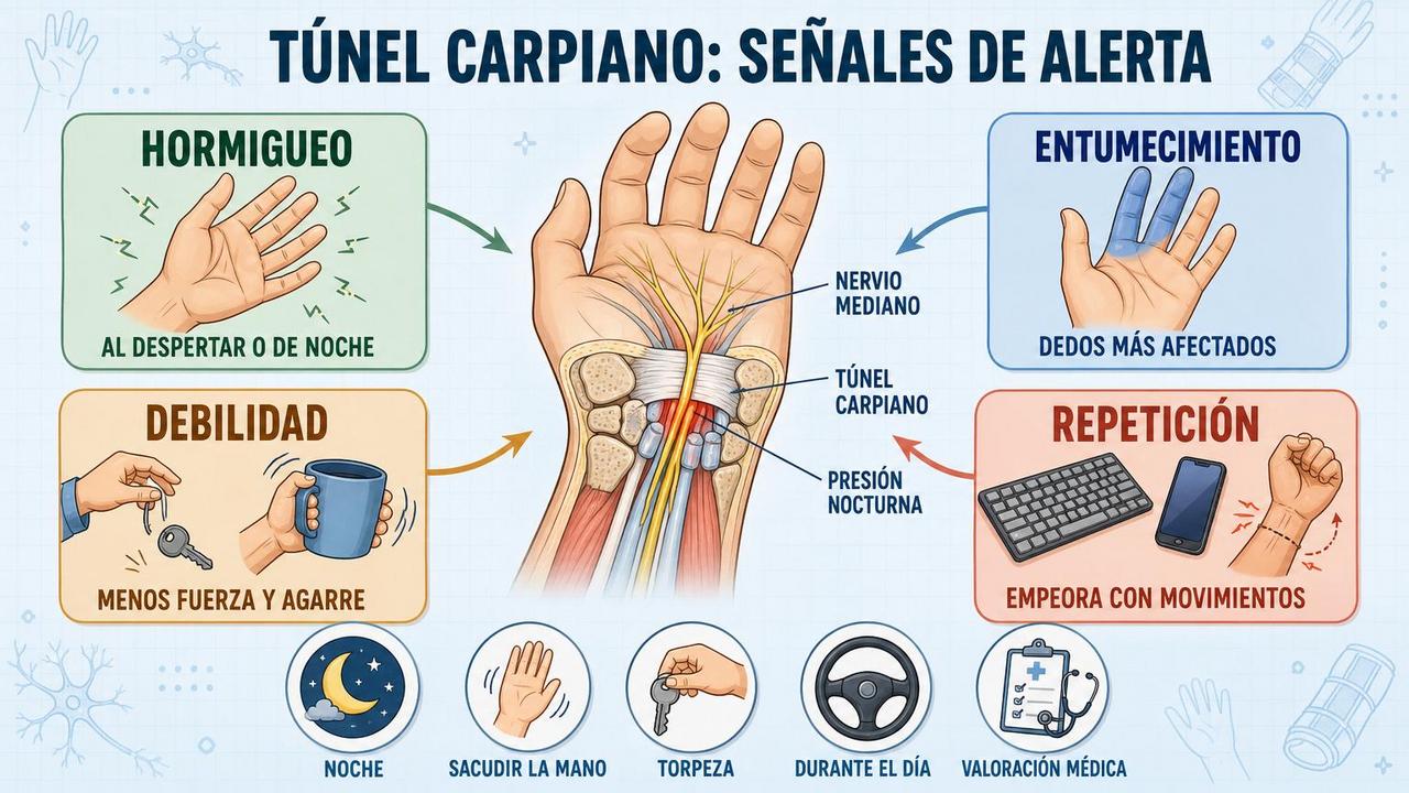 Hormigueo, entumecimiento, debilidad y repetición resumen las claves del túnel carpiano.