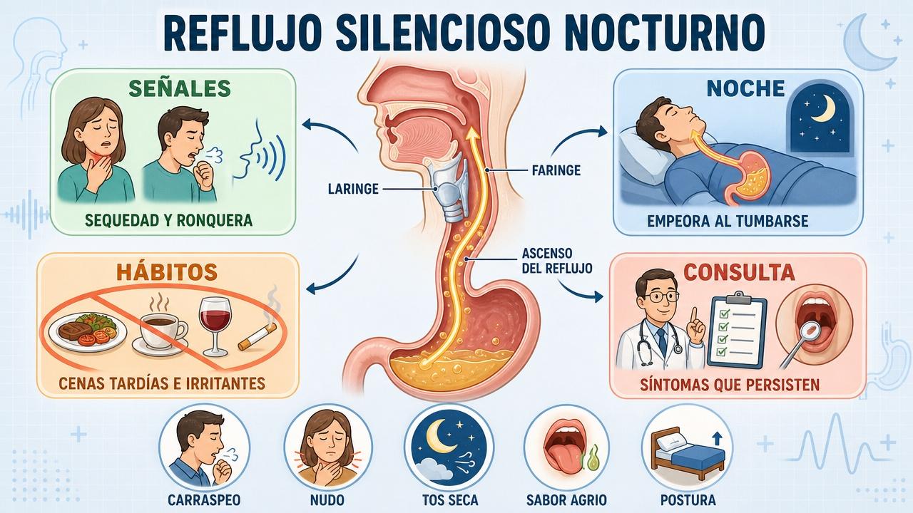 Señales, desencadenantes, hábitos y consulta en el reflujo silencioso nocturno.