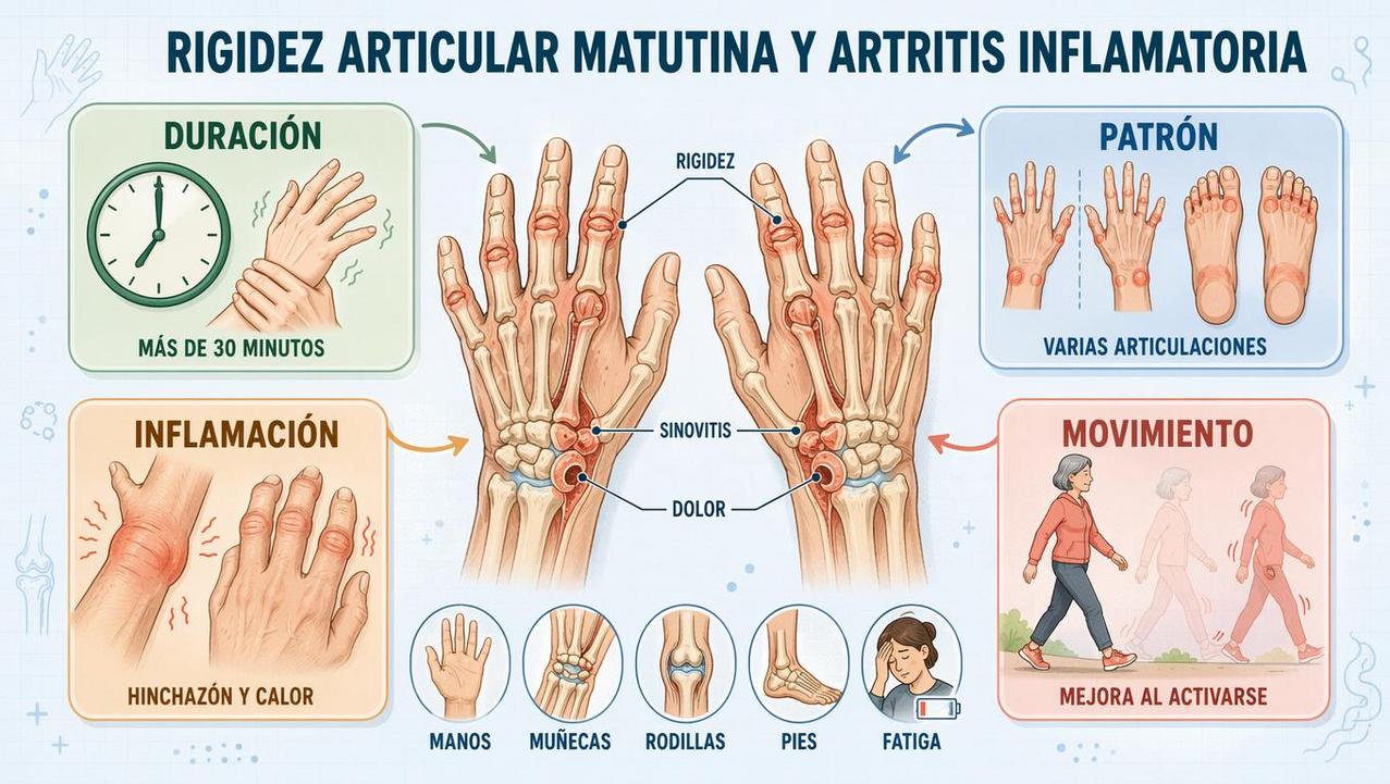 Duración, patrón, inflamación y movimiento orientan la valoración de artritis temprana.