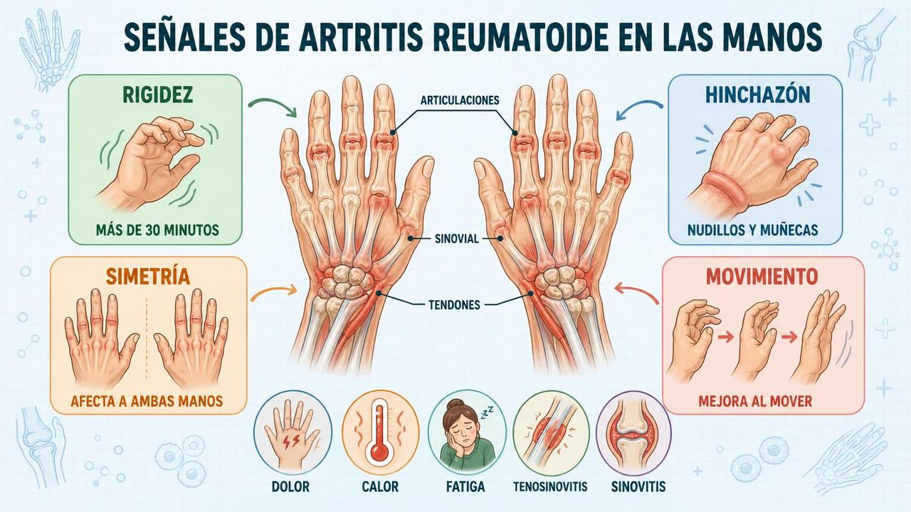 Rigidez, hinchazón, simetría y alivio al mover orientan hacia artritis reumatoide.