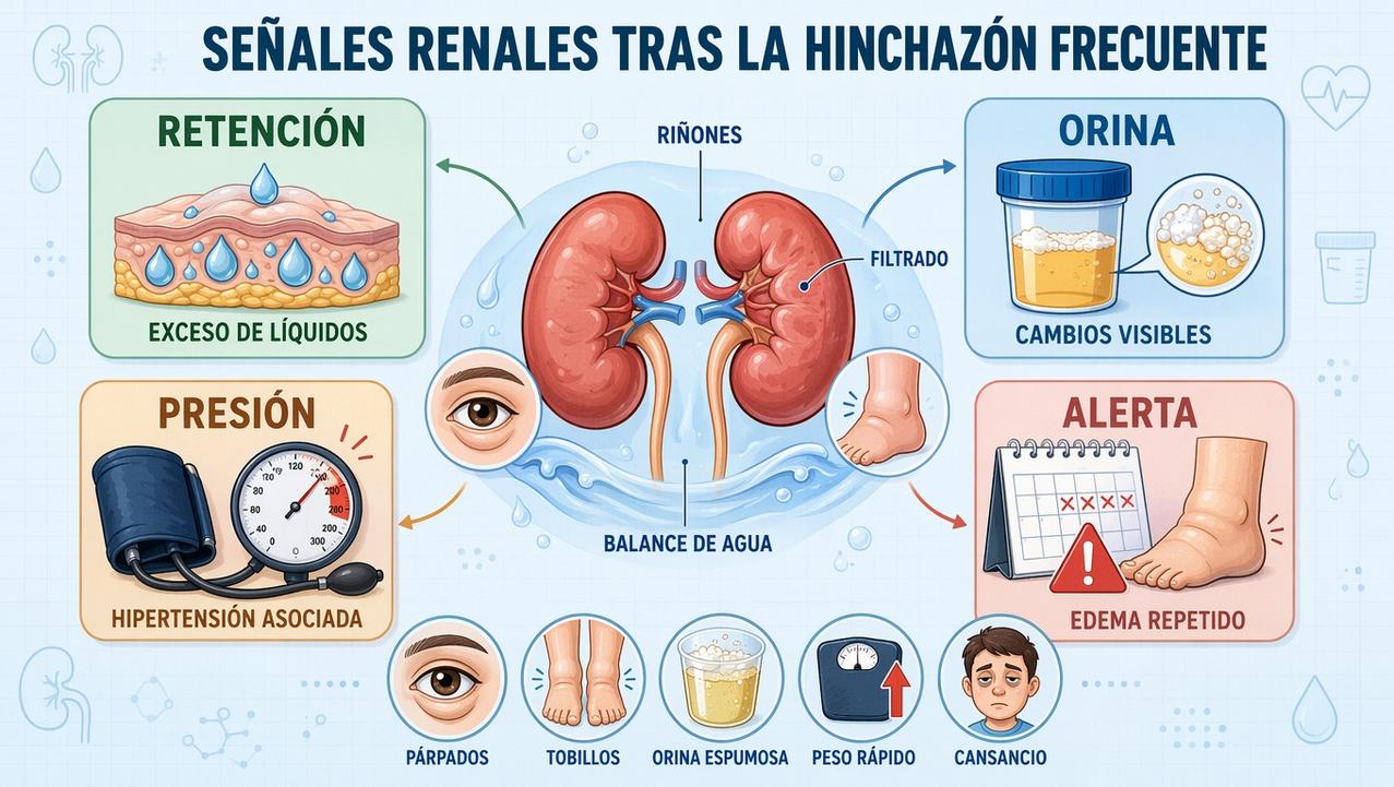 Retención, orina, presión y edema orientan la valoración de la función renal.