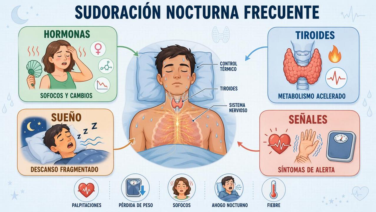 Hormonas, tiroides, sueño y síntomas clave orientan la causa del sudor nocturno.