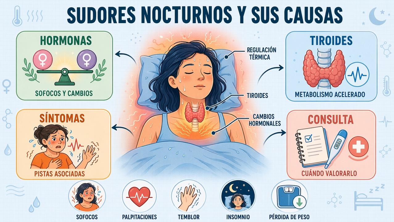 Hormonas, tiroides, síntomas y consulta médica: claves para entender la sudoración nocturna.