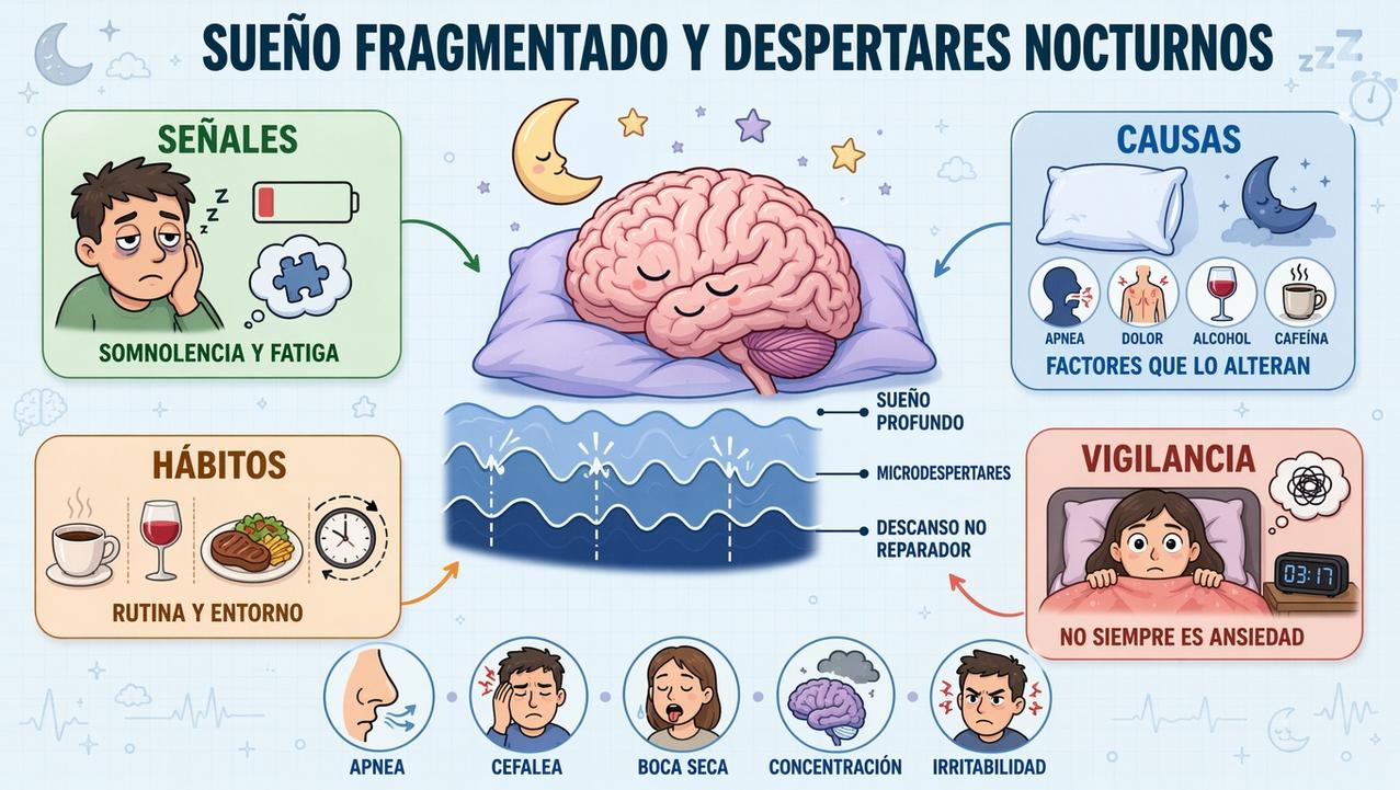 Señales, causas, hábitos y vigilancia del sueño nocturno fragmentado.