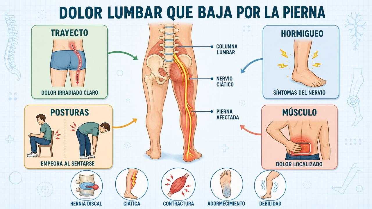 Cuatro pistas visuales para diferenciar ciática de dolor muscular lumbar.