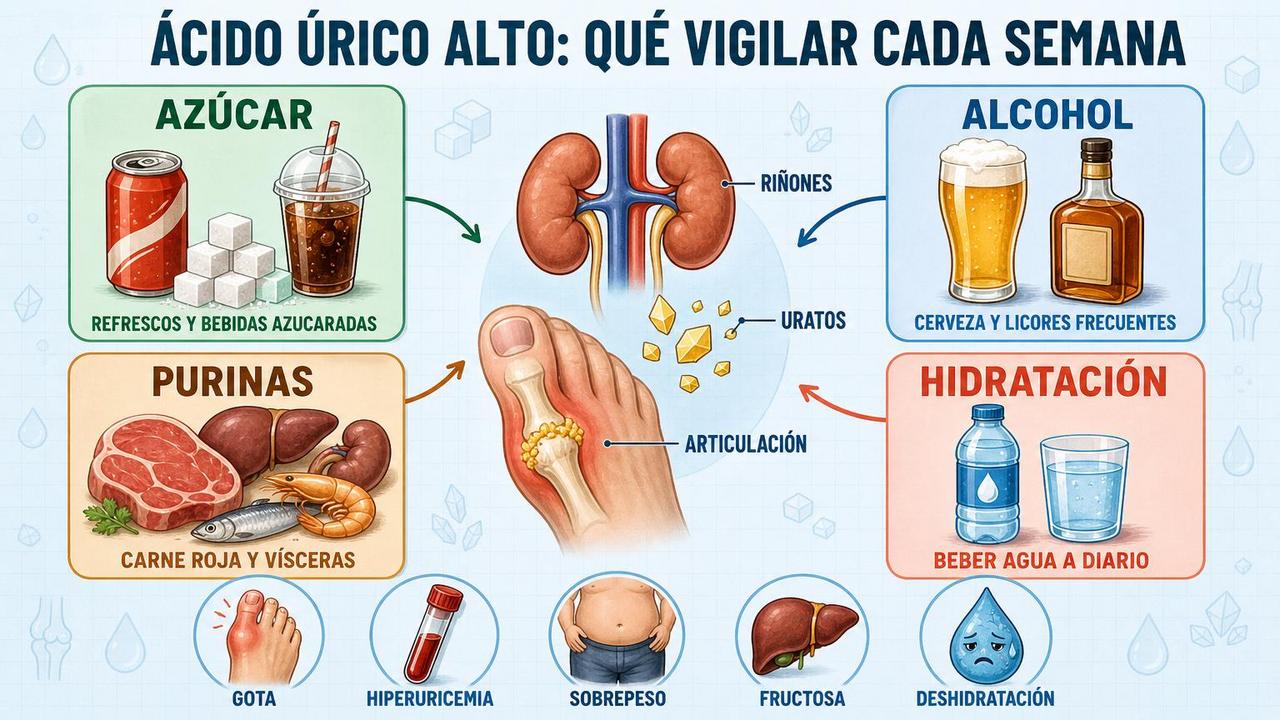 Azúcar, alcohol, purinas e hidratación: cuatro claves para controlar el urato.