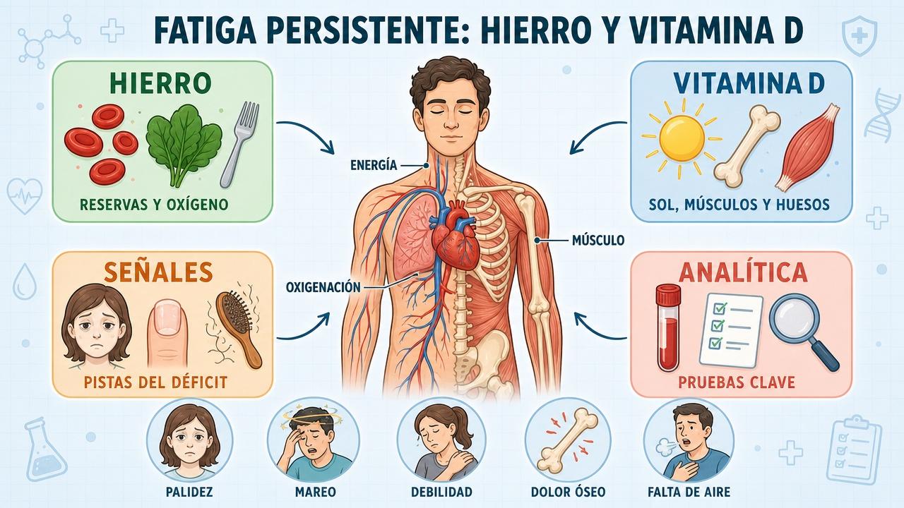 Hierro, vitamina D, señales y analítica orientan la evaluación del cansancio.