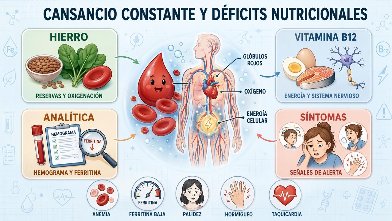 Hierro, vitamina B12, analítica y síntomas clave ante la fatiga.