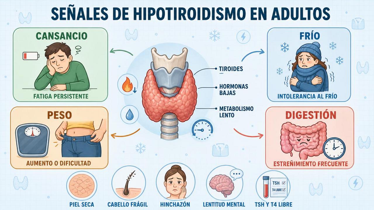 Cuatro señales clave del hipotiroidismo y síntomas asociados que conviene vigilar.