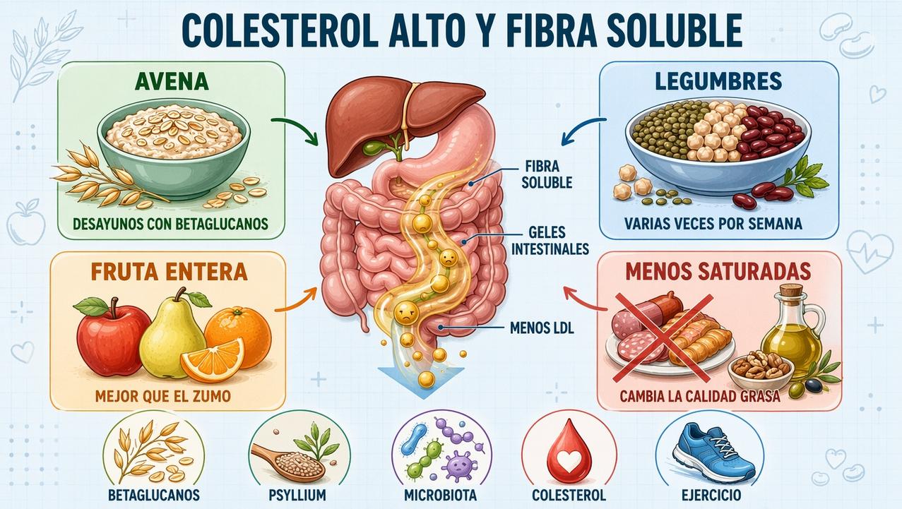 Avena, legumbres, fruta entera y menos saturadas apoyan un LDL saludable.