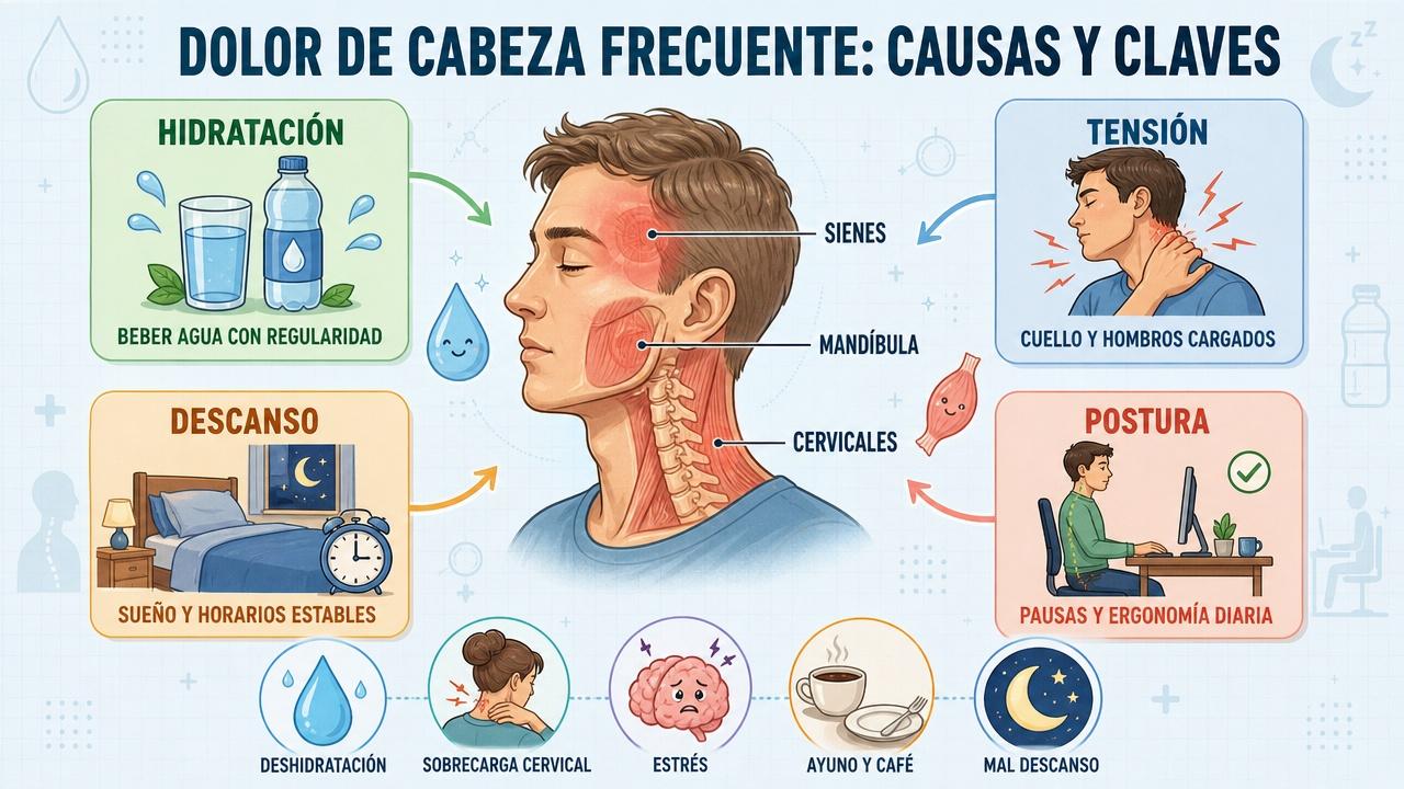 Hidratación, tensión muscular, descanso y postura influyen en la cefalea frecuente.