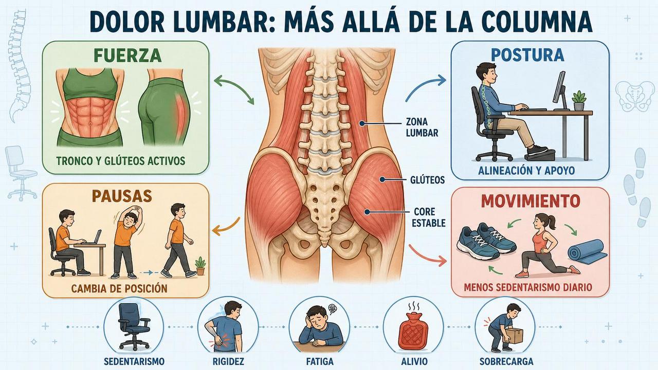 Fuerza, postura, pausas y movimiento ayudan a reducir la sobrecarga lumbar.