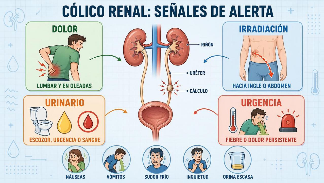 Pilares visuales para reconocer un cólico renal y sus señales urgentes.