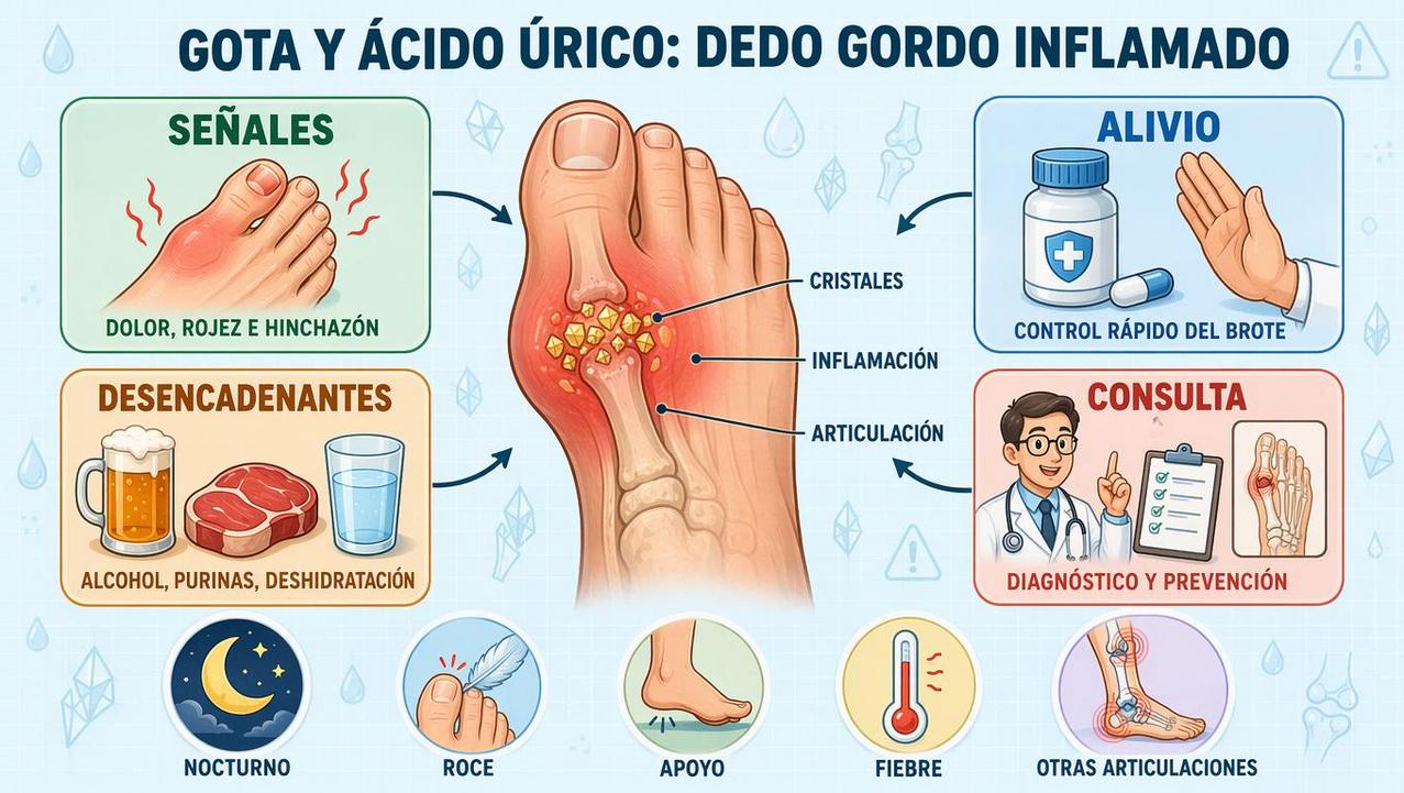 Señales, desencadenantes, alivio y consulta en la gota del dedo gordo.