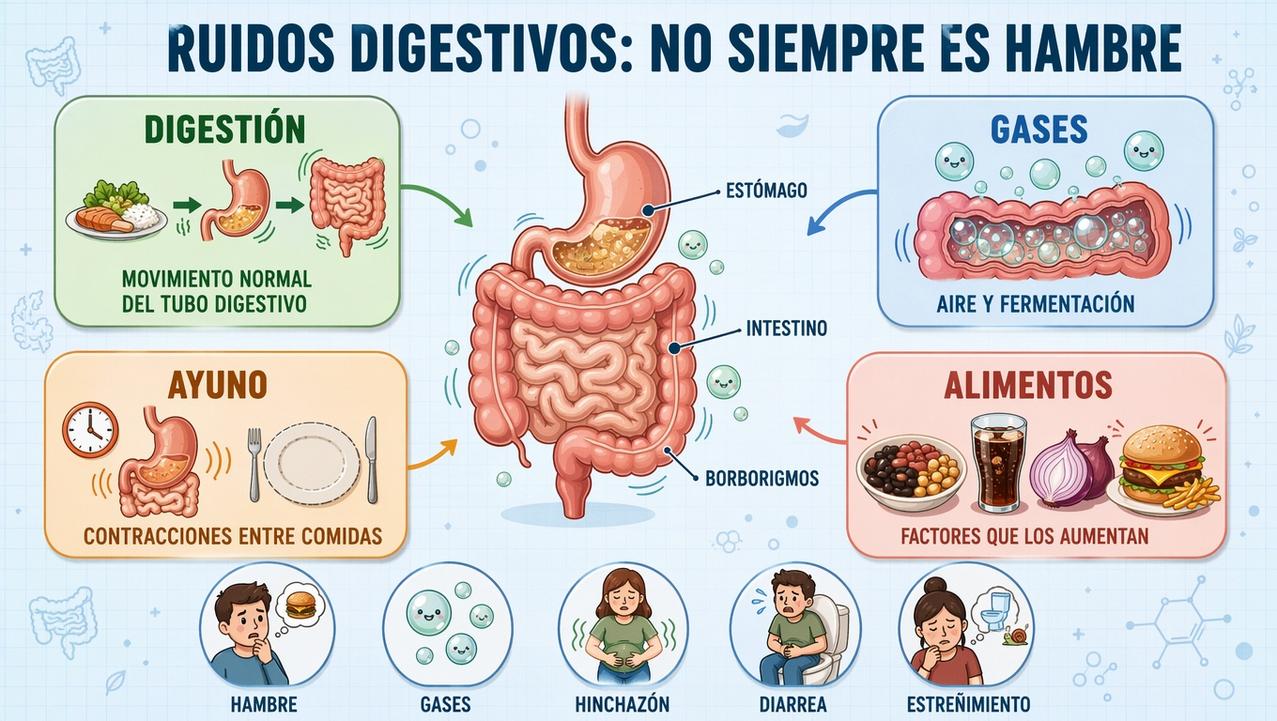 Digestión, gases, ayuno y alimentos explican muchos borborigmos cotidianos.