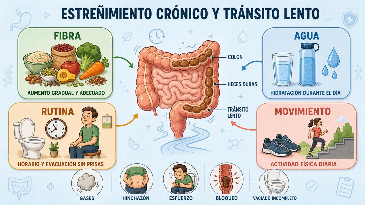 Fibra, agua, rutina y movimiento: pilares clave frente al estreñimiento crónico.