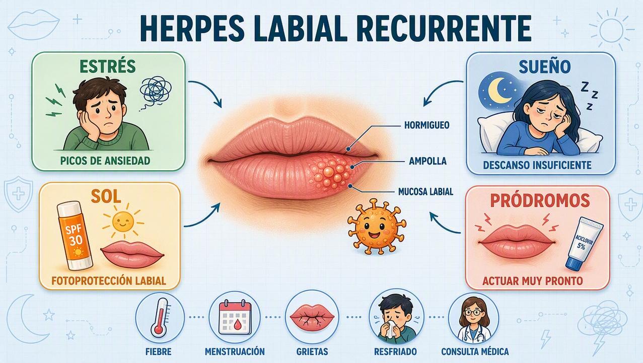 Cuatro pilares para prevenir recurrencias: estrés, sueño, sol y pródromos.