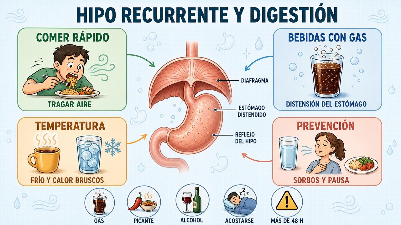 Cuatro claves del hipo: ritmo, gas, temperatura y prevención digestiva.