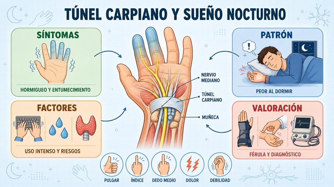 Síntomas, patrón, factores y valoración del túnel carpiano nocturno.