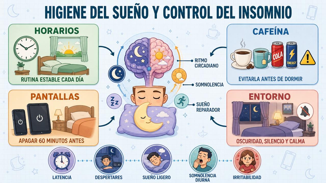 Cuatro pilares para mejorar el sueño: horarios, cafeína, pantallas y entorno.