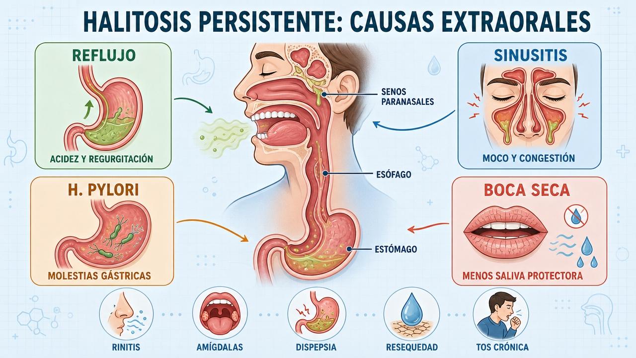 Reflujo, sinusitis, H. pylori y boca seca explican halitosis extraoral.