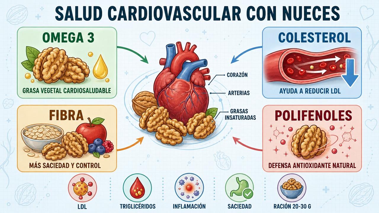 Omega 3, fibra, polifenoles y control del colesterol resumen sus beneficios.