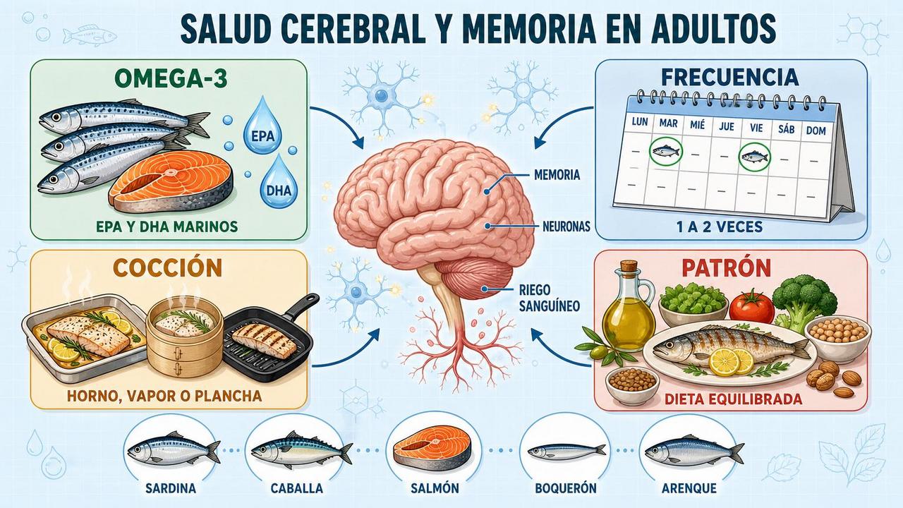 Omega-3, frecuencia, cocción y dieta equilibrada sostienen la salud cerebral.
