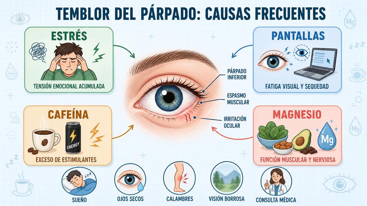 Estrés, pantallas, cafeína y magnesio influyen en el temblor palpebral.