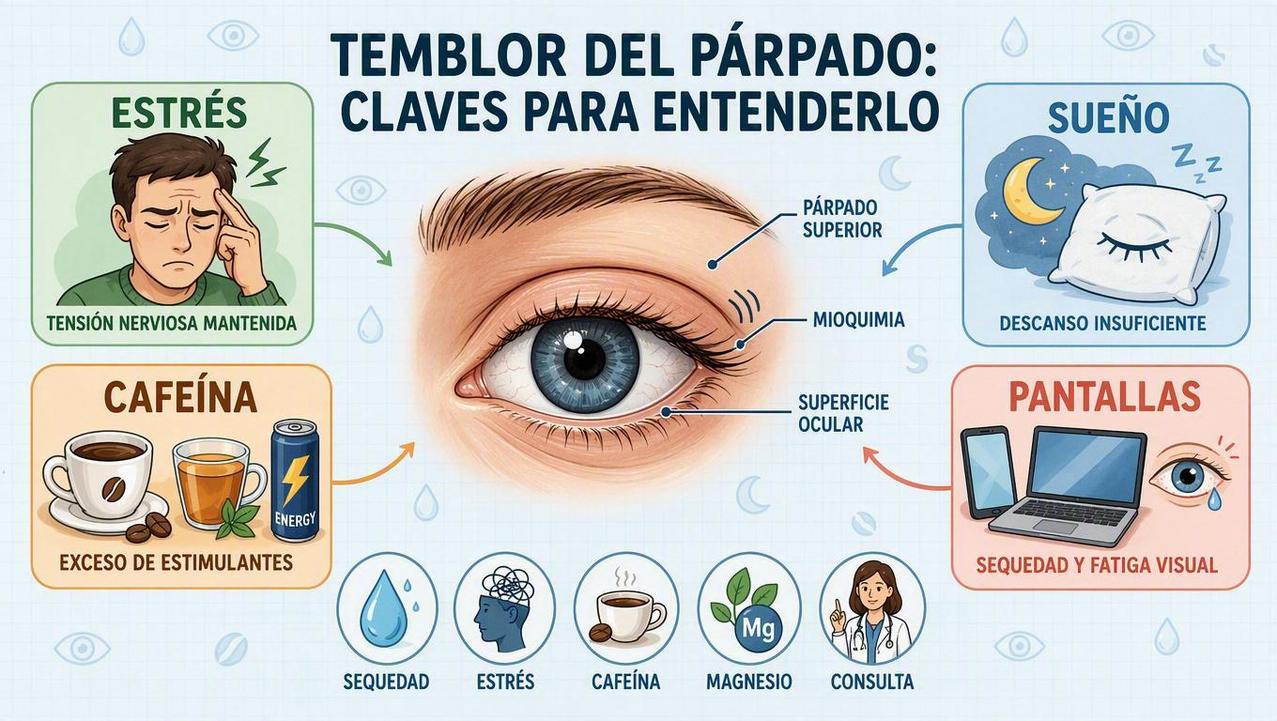 Estrés, sueño, cafeína y pantallas influyen en la mioquimia palpebral.